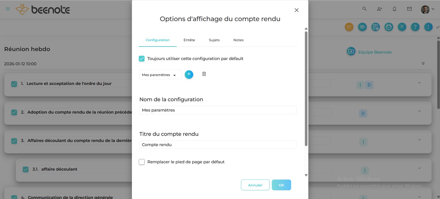 Publier un compte rendu - options